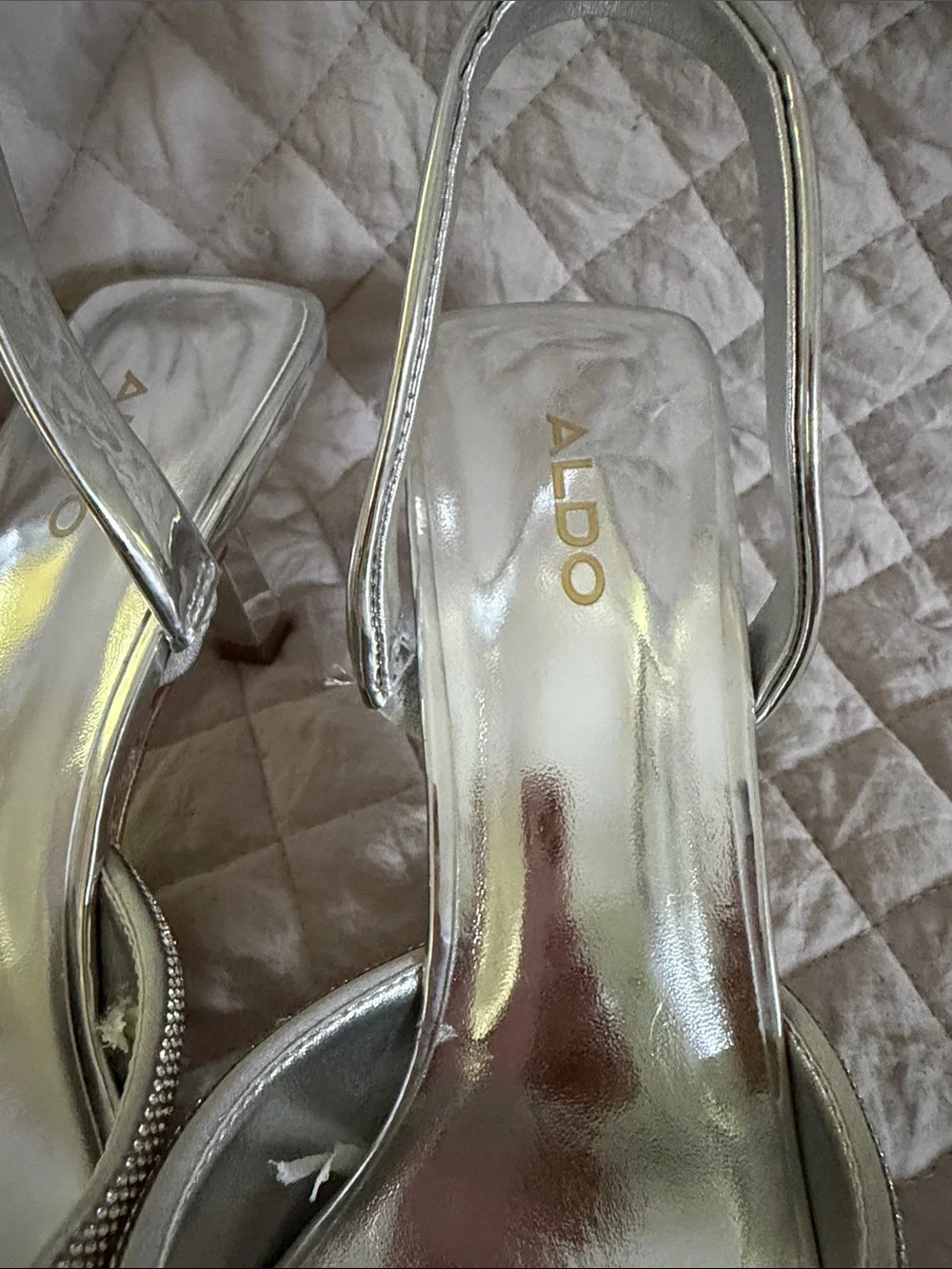 Aldo Silver Metallic Pointed-Toe Slingback Heels with Rhinestone Bow